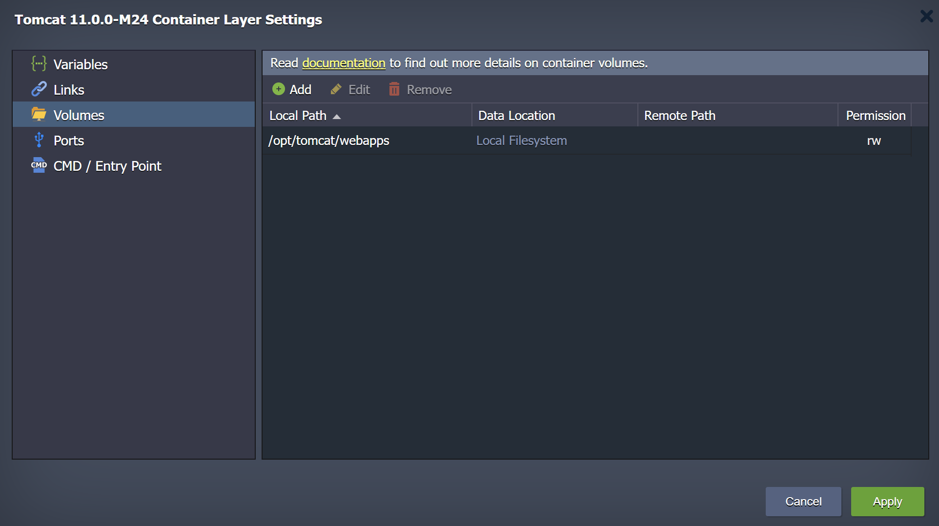 volumes layer settings