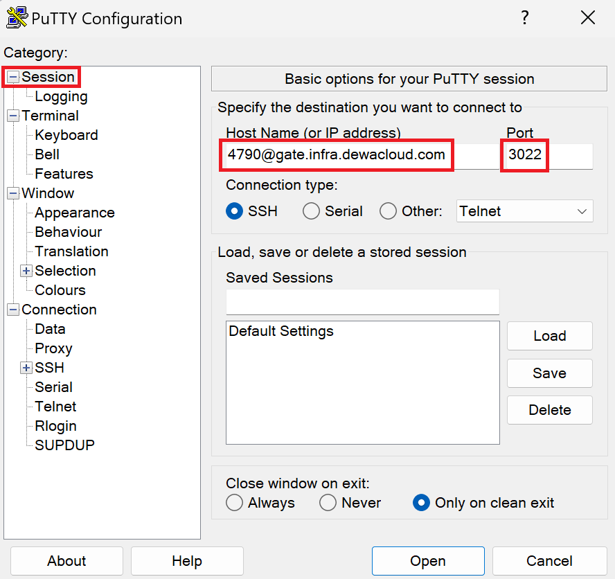 ssh access with PuTTY client