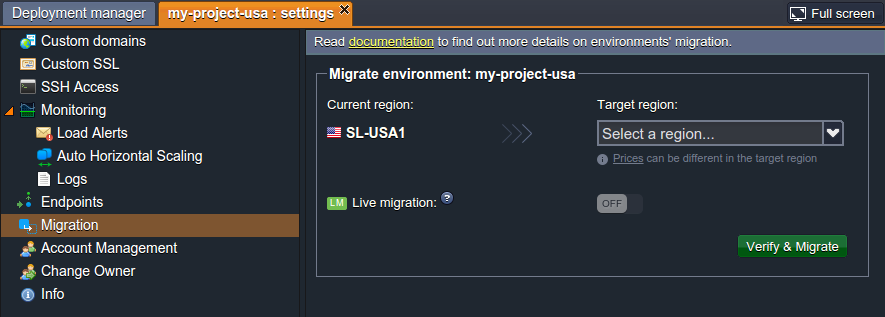 environment migration settings