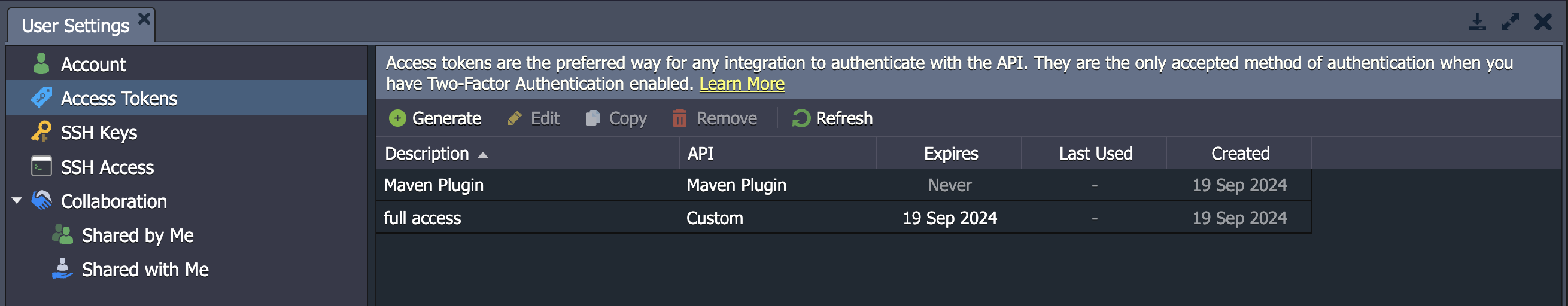 access tokens user settings